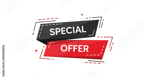 Stylish special offer banner consisting of overlapping black and red ribbons with white text and dots for promotion.