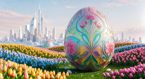 Osterei mit Blumenornamenten in buntem Tulpenfeld vor futuristischer Skyline