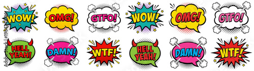 A collection of comic book style speech bubbles featuring exclamations like WOW OMG GTFO Hell Yeah Damn and WTF pop art retro vintage text message expression emotion communication