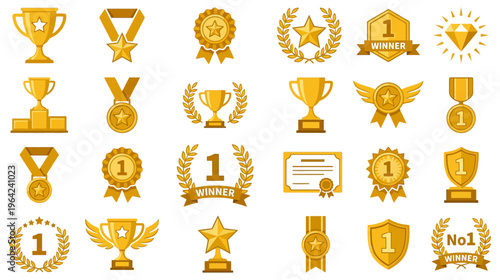 Collection of golden trophies medals certificates and awards symbolizing achievement and victory in competitions and challenges Collection of golden trophies medals certificates and awards