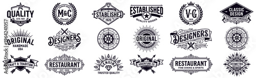 A collection of vintage and retro emblem badges and labels featuring text like quality original established and designers in various illustrative styles logo illustration
