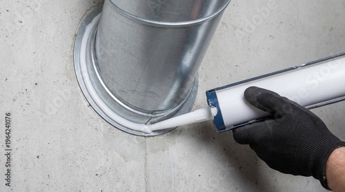 Ceiling cassette air conditioning with ventilation parts concept. Applying sealant in construction to ensure airtight seals.