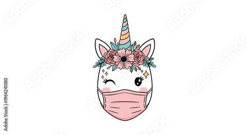 Cute unicorn head wearing a floral crown and a pink protective face mask on a plain white background for safety.