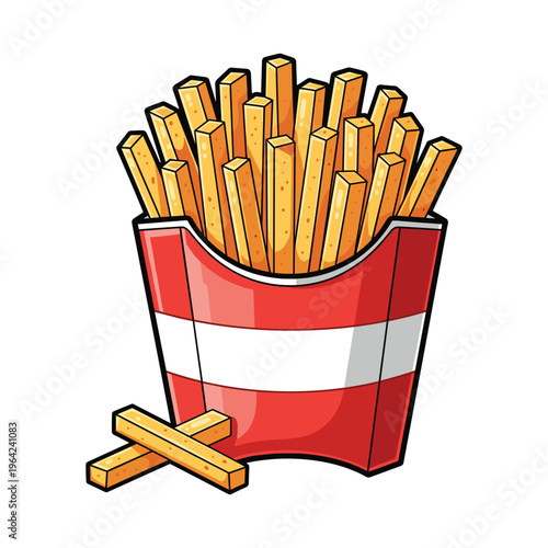 Cartoon French Fries in Red and White Box, Isolated on White