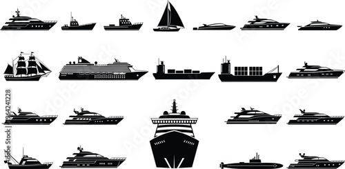 Boat silhouettes set ships yachts cargo cruise vessels marine cad drawing flat vector illustration design collection nautical transport concept