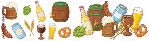 A collection of cartoon illustrations depicting beer mugs barrels bottles cans pretzels hops wheat and sausages representing a beverage theme drink alcohol foamy wooden glass