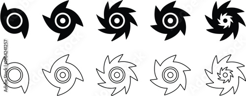 Hurricane cyclone icon set collection group in flat line style featuring storm, typhoon, tornado, whirlwind, vortex and weather synonym elements for disaster alert, climate design and warning graphics