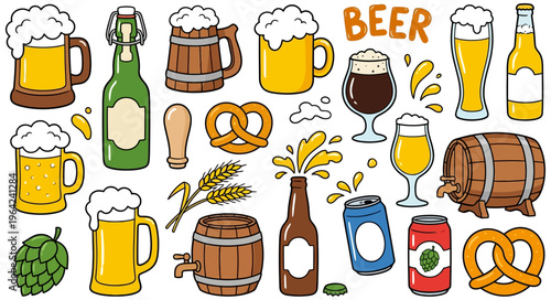 An assortment of cartoon beer related items including mugs glasses bottles cans barrels pretzels hops and wheat stalks Beer elements visualized beverage drink alcohol foamy