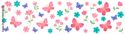 Delicate pink and blue butterflies flutter among blooming pink and teal flowers creating a whimsical springtime floral pattern butterfly nature insect invertebrate animal