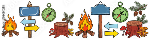 Illustrated collection of outdoor adventure elements including campfires directional signs compasses tree stumps pine branches pinecones and mushrooms signpost pine tree forest