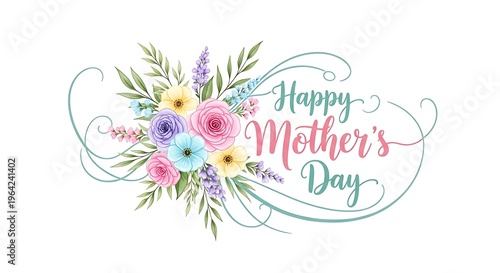 Happy Mother's Day floral bouquet with pastel roses and leaves