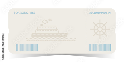 Boarding pass ticket template with cruise ship and wheel icon. Sea travel design for nautical voyage, summer vacation and adventure. Vector illustration