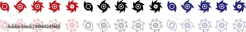 Hurricane cyclone icon set collection group in flat line style featuring storm, typhoon, tornado, whirlwind, vortex and weather synonym elements for disaster alert, climate design and warning graphics