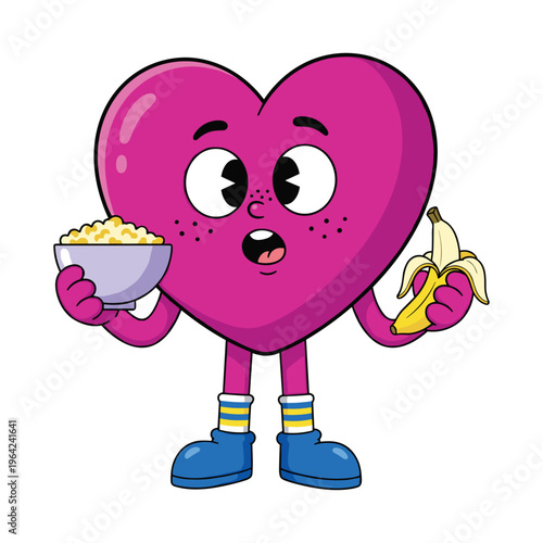 Funny Cartoon Heart Character Eating Breakfast with Banana and Cereal