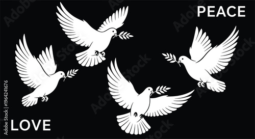 Dove silhouettes peace love symbol flying birds olive branch cad drawing flat vector illustration design isolated freedom harmony concept set