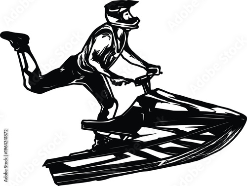 A black and white graphic illustration of a jet ski rider performing a daring midair freestyle trick Vector
