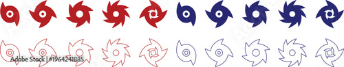 Hurricane cyclone icon set collection group in flat line style featuring storm, typhoon, tornado, whirlwind, vortex and weather synonym elements for disaster alert, climate design and warning graphics