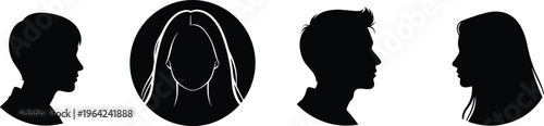 Human silhouette profiles set male female avatars minimal black white icon collection cad drawing flat vector illustration design concept