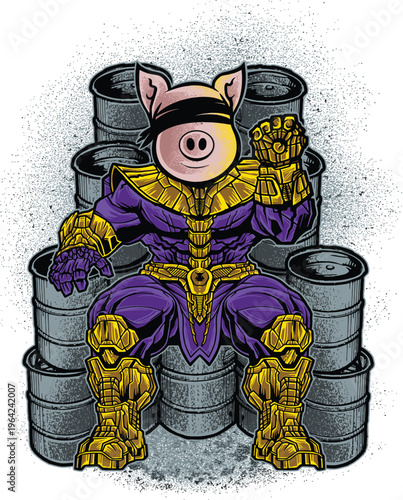 A blindfolded pig dressed as thanos sitting on a throne made of several industrial metal barrels Vector