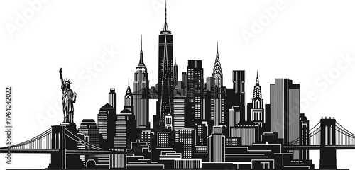 New York skyline silhouette cityscape landmarks architecture cad drawing flat vector illustration design isolated Manhattan urban skyline concept USA