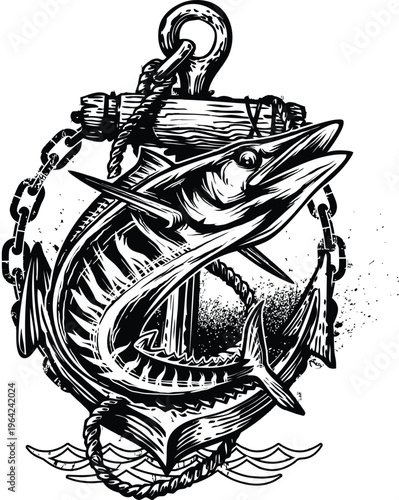 A detailed black and white illustration of a predatory fish wrapped around a rustic ship anchor Vector