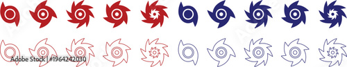 Hurricane cyclone icon set collection group in flat line style featuring storm, typhoon, tornado, whirlwind, vortex and weather synonym elements for disaster alert, climate design and warning graphics