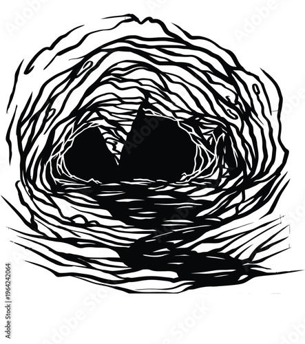 A high contrast black and white artistic illustration of a dark and mysterious winding cave tunnel Vector