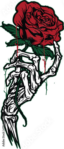 An artistic illustration of a human skeletal hand delicately holding a vibrant red blooming rose Vector