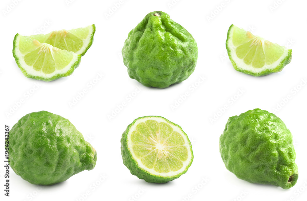 Fototapeta premium Fresh bergamot fruits isolated on white, set. Whole and sliced