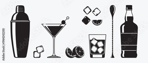  Refreshing Cocktail and Whiskey Drink Icons with Ice and Lime