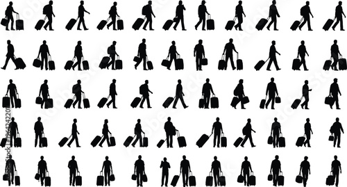 Travelers silhouettes with luggage walking airport passengers tourism cad drawing flat vector illustration design isolated journey travel set collection