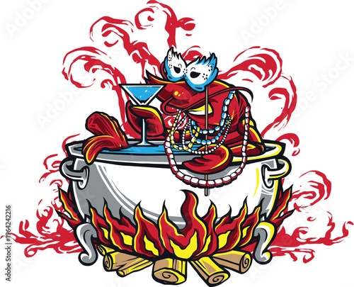 A festive crawfish wearing a mardi gras mask and beads inside a boiling pot over an open fire Vector