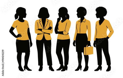 Professional Teamwork and Leadership Silhouettes - Editable Women Group Vector