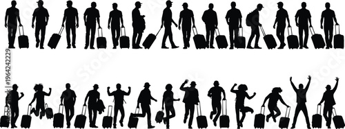 Travelers silhouettes with luggage walking jumping airport passengers tourism cad drawing flat vector illustration design isolated journey vacation concept set
