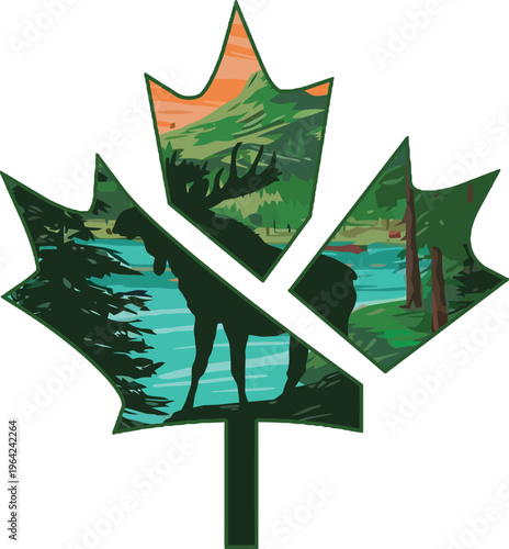 A moose standing by a lake inside a stylized maple leaf graphic representing the canadian nature Vector