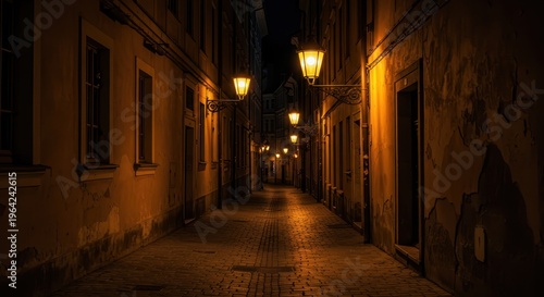 Historic narrow cobblestone alleyway illuminated by warm gaslight fixtures after dark