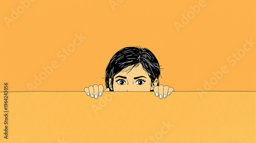 Curious Woman Peeking over an Orange Surface in a Pop Art Style Illustration