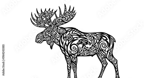 Moose with ornate tribal tattoo.