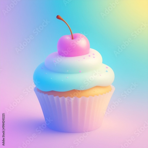 Cute 3d Cupcake with Pink Cherry on Pastel Gradient Background