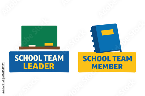 School team leader and school team member badges with chalkboard and blue notebook icons.