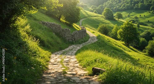 Winding cobblestone path ascends through lush, sunlit green hillsides beside a low stone wall.