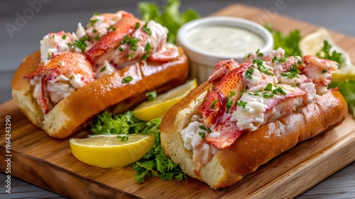 Two fresh lobster rolls served on a toasted brioche bun with creamy dipping sauce and lemon slices arranged on a rustic wooden cutting board for a gourmet seafood meal