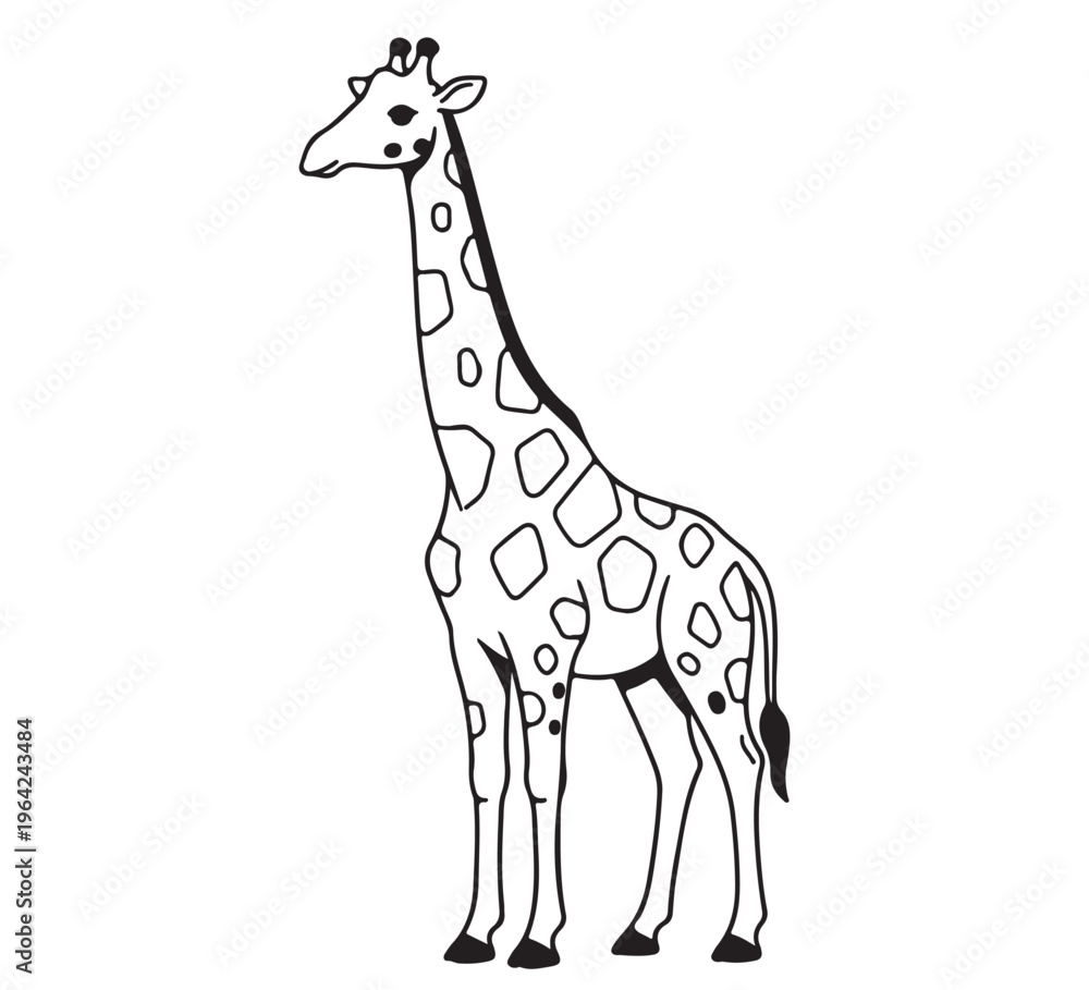 Obraz premium Simple black and white line art of a tall, elegant giraffe, a captivating wildlife illustration, showcasing its iconic long neck, perfect for any safari animal project