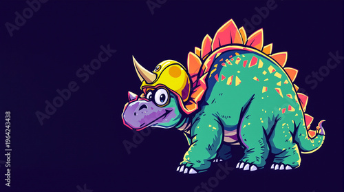 Cute Cartoon Dinosaur Wearing Yellow Helmet with Horn on Dark Background