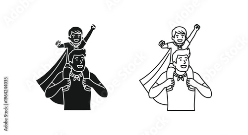 Father and son superheroes duo in black and white Vector