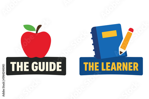 The guide and the learner labels featuring red apple icon and blue notebook pencil graphic.