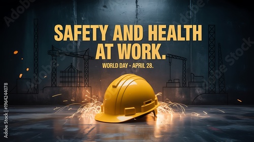 A yellow industrial hard hat sitting on a dark surface marking world safety and health at work day