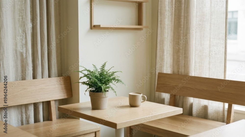 Fototapeta premium Cozy Minimalist Coffee Corner with Wooden Furniture and Green Plant