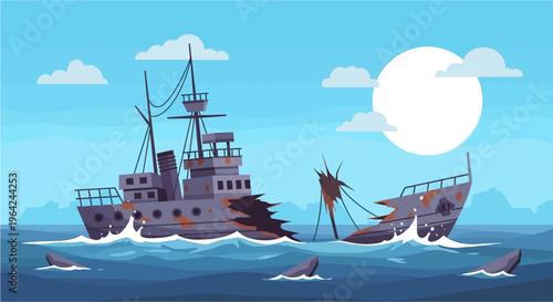 A cartoon illustration of a broken shipwreck in the ocean with sharks swimming around under a bright sun and blue sky.