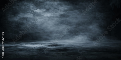 Abstract dark storm clouds drift through a black room with smoky fog and blue moonlight textures over a stormy sea wall